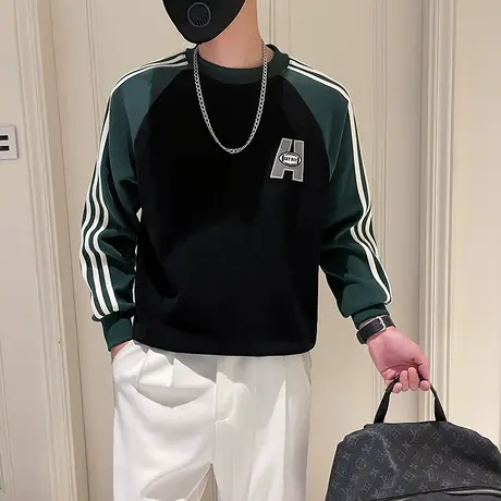撞色休闲卫衣男秋季2023美式复古休闲长袖上衣ins潮牌打底衫外套商品大图