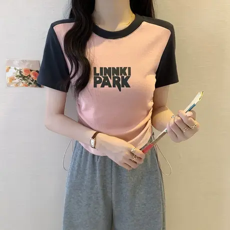 美式插肩袖撞色抽绳t恤别致印花收腰辣妹chic显瘦正肩短袖女上衣商品大图