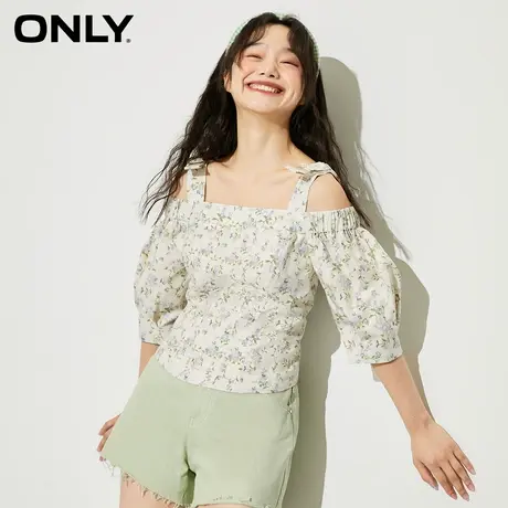 ONLY奥莱夏季甜美短款一字肩碎花七分袖雪纺衫女商品大图