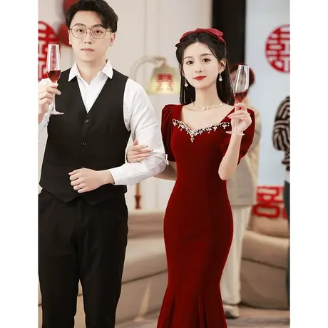 鱼尾敬酒服新娘2023新款修身长款高级感高档红色晚礼服女夏季订婚商品大图