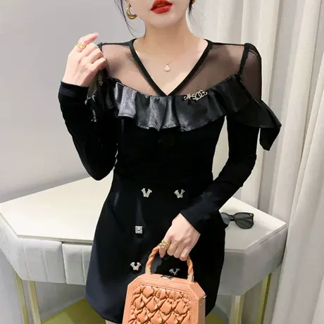 春装2024新款T恤网纱拼接性感荷叶边V领上衣修身时尚小衫女长袖潮商品大图
