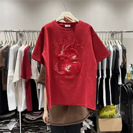 2024龙年春季新款加厚短袖T恤女重工刺绣本命国潮中长款半袖上衣商品大图