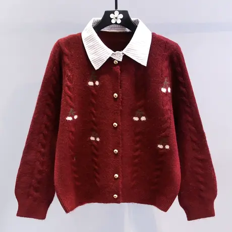 新年刺绣假两件红色毛衣外套女冬季2024新款宽松设计感针织开衫商品大图