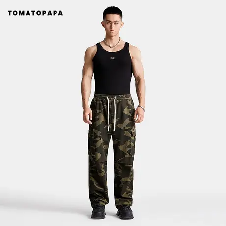 TOMATOPAPA工装迷彩长裤弹力抽绳腰宽松直筒男裤青年百搭潮休闲裤商品大图