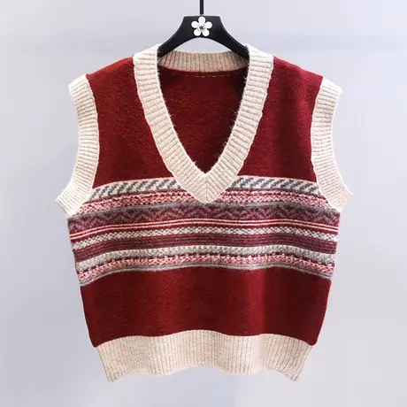 复古慵懒风撞色新年红色针织马甲女冬季2024新款宽松百搭毛衣背心图片
