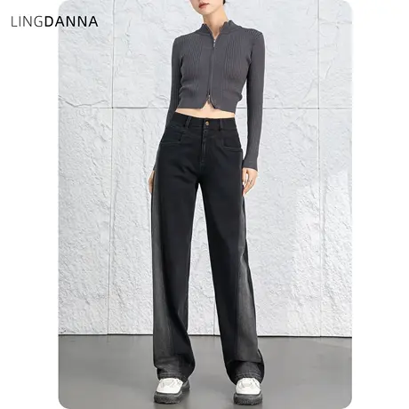 黑色高腰阔腿牛仔裤女2024新款春秋女裤显瘦裤子直筒裤香蕉镰刀裤图片