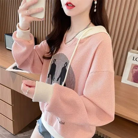 早春连帽卫衣女2024新款春秋季韩版宽松初春薄款撞色华夫格外套潮图片