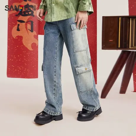 三福2024春季男士渐变工装牛仔裤 复古宽松直筒长裤男482268商品大图