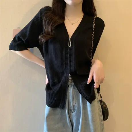 冰丝针织短袖t恤女夏季小众设计感拉链开衫法式复古外穿半袖上衣图片