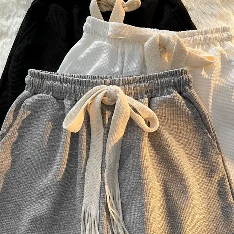 华夫格运动裤女夏季薄款宽松显瘦休闲阔腿裤高腰直筒长裤子潮ins图片