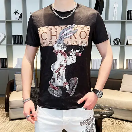 短袖T恤男夏季潮流男装2023新款宽松半袖上衣冰丝卡通印花体恤衫T商品大图