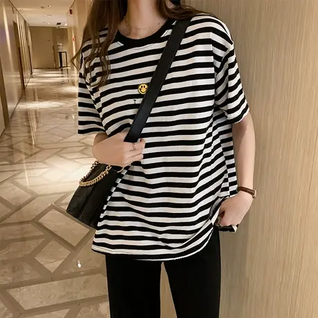 黑白条纹短袖T恤女夏季2024年新款宽松韩版潮学生半袖打底衫上衣图片