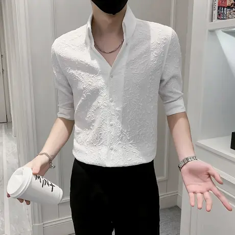 七分袖衬衫男潮牌个性V领寸衣服夏天薄款痞帅设计感中袖衬衫短袖商品大图