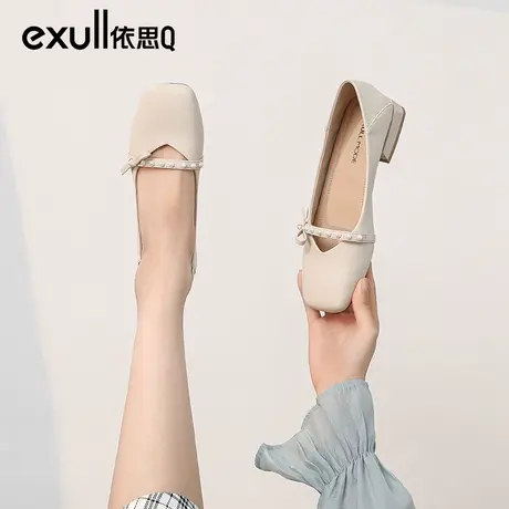 依思q粗跟法式白色软底低跟单鞋2024新款春秋浅口方头玛丽珍女鞋图片