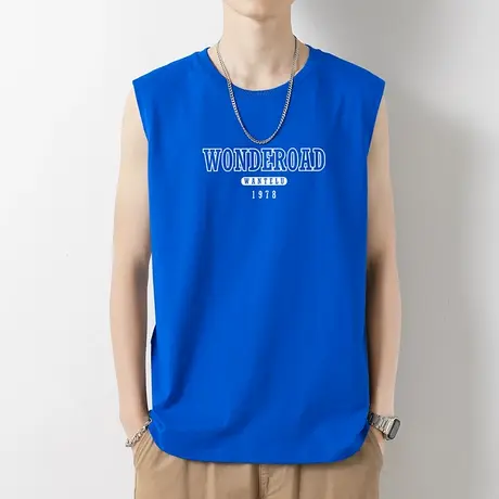 2023新款小熊背心男潮夏季纯棉健身运动坎肩宽松克莱因蓝无袖t恤图片