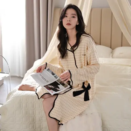 婷美千鸟格纯棉睡裙女春秋季开衫翻领过膝长款连衣裙可外穿家居服图片