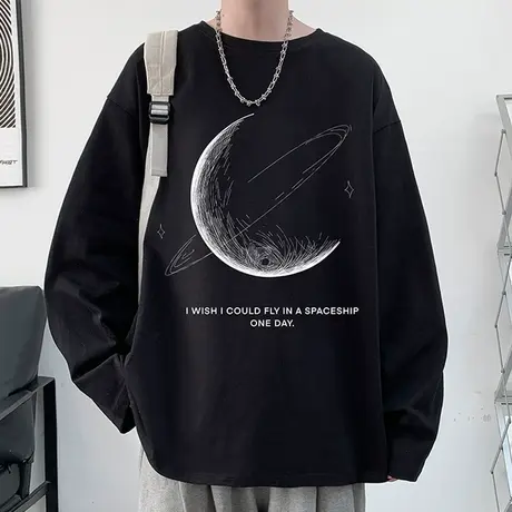 长袖T恤男春款潮牌宽松印花体恤青少年休闲棉感黑色打底衫夏季男t商品大图