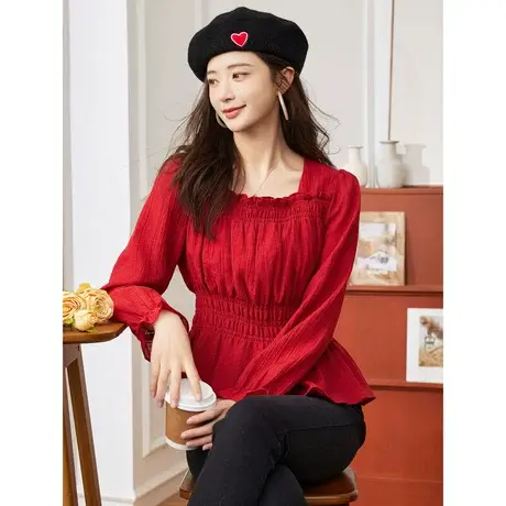 时尚气质百搭温柔长袖衬衫女士2023年秋季新款蕾丝袖显瘦收腰上衣商品大图