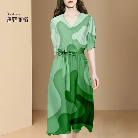 迪菲丽格2023夏季新款高级感法式绿色连衣裙女短袖收腰V领中长裙图片