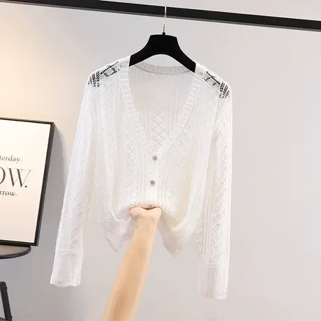 夏季冰丝镂空防晒针织开衫小外套2023女士长袖薄款别致小上衣披肩商品大图