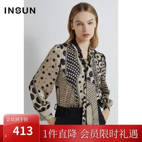 恩裳2023春季新款舒适艺术感波点数码印花仿真丝飘带衬衫图片