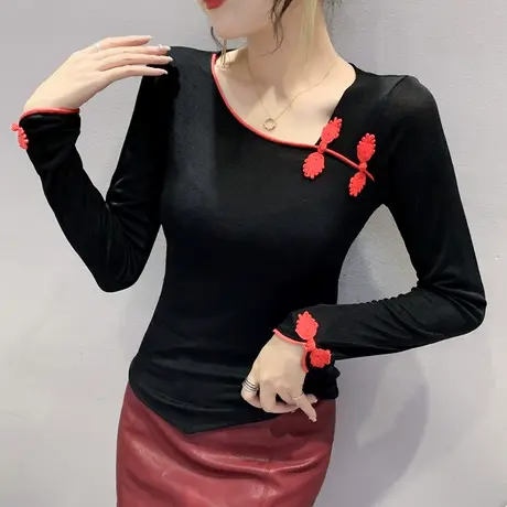 复古拼色长袖T恤女春装国风气质盘扣打底衫修身内搭不规则上衣ins商品大图