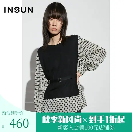 恩裳COVER2023年春款新款假两件针梭拼羊毛针织亮丝几何方格毛衣图片