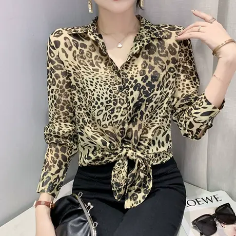 气质雪纺衬衫女长袖2023秋装新款时尚POLO领豹纹上衣休闲显瘦衬衣商品大图