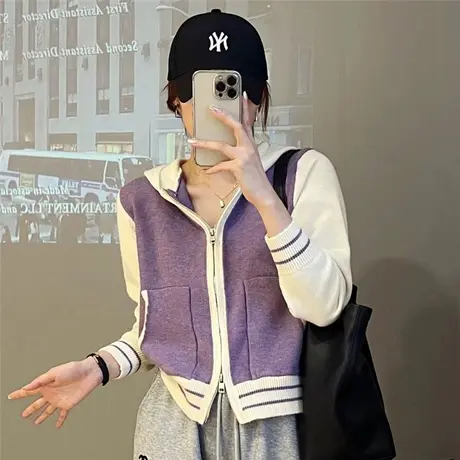 秋季2023年新款连帽拉链针织衫女短款上衣外穿毛衣外套棒球服春秋图片