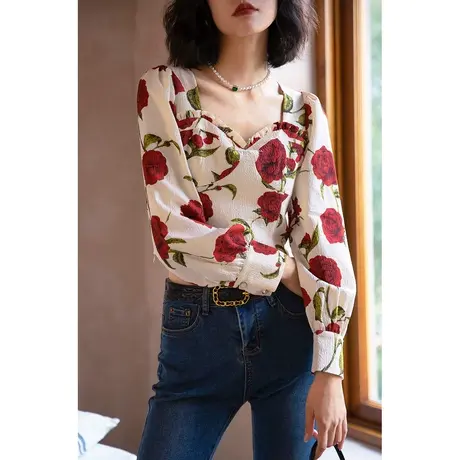 法式方领短款雪纺碎花女上衣夏高级感复古玫瑰花衬衫长袖小众衬衣图片