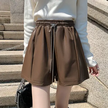 可以调节松紧腰设计感皮短裤女2022秋冬新款外穿阔腿休闲靴裤子图片