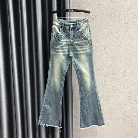 美式时尚辣妹微喇牛仔裤女2023秋季新款压皱设计感修身显瘦拖地裤商品大图