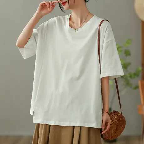 dza白色纯棉短袖T恤女2023夏季薄款圆领打底体恤宽松显瘦套头上衣商品大图