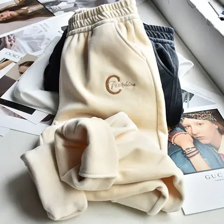 加绒加厚裤子女秋冬宽松休闲直筒显瘦百搭哈伦运动束脚长裤潮ins图片