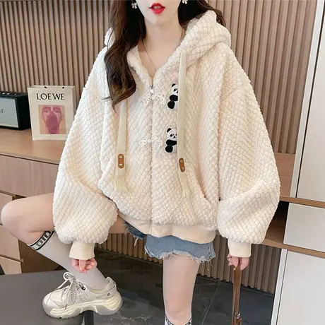 连帽卫衣女秋冬韩版宽松加绒加厚设计感小众小个子羊羔毛开衫外套图片