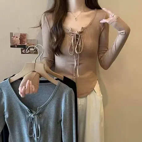 甜辣妹纯欲性感系带长袖T恤女早秋韩版内搭修身短款打底小衫上衣图片