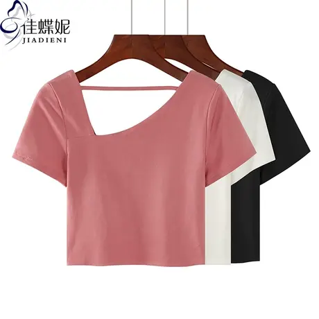 春夏新款斜领纯白双层面料修身短款短袖体恤上衣内搭打底女装韩版商品大图