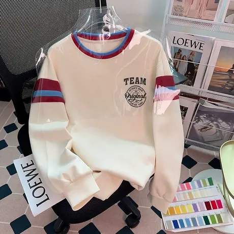 美式复古设计感圆领卫衣女春秋薄款宽松慵懒风早秋季无帽上衣潮牌图片