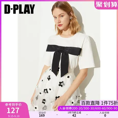 DPLAY2023年夏ins甜酷风撞色立体蝴蝶结圆领宽松短袖T恤商品大图