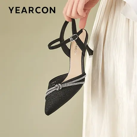 意尔康一字扣带凉鞋女2023新款气质设计感小众水钻配裙子高跟鞋夏商品大图