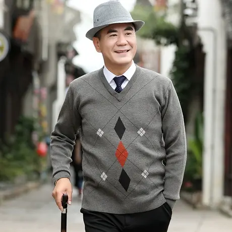 秋冬季中年男士毛衣V领加厚款爸爸装针织打底衫老人鸡心领上衣服图片