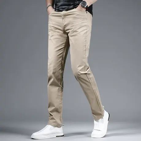 2023夏季新款男士休闲裤潮牌深卡其色修身小直筒男士弹力百搭裤子商品大图