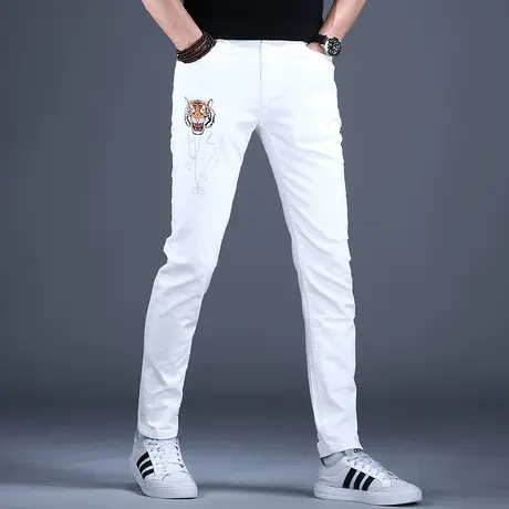 男士白色印花牛仔裤男高端潮牌裤子男春秋男款2023年新款修身小脚图片