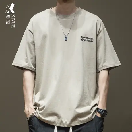 希越纯色套头刺绣半截袖体恤男女同款纯棉短袖T恤男士夏季大码潮商品大图