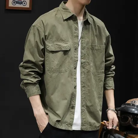 秋季2023新款衬衫男潮牌多口袋美式休闲男士工装外套衬衣春秋男装图片