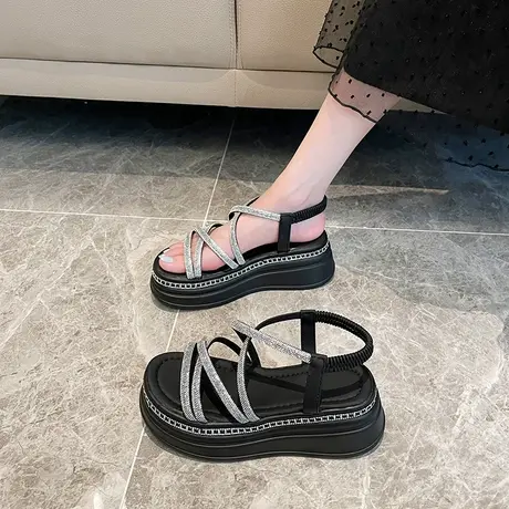 爆款超火法式水钻厚底凉鞋女夏季高级感2023新款增高沙滩罗马鞋子商品大图