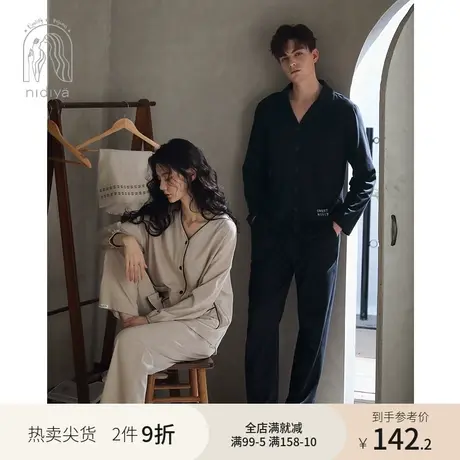 妮狄娅情侣睡衣女春秋纯棉长袖v领开衫男翻领时尚休闲家居服套装商品大图