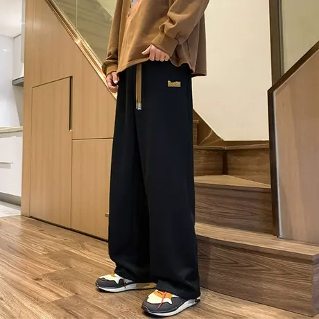 裤子男春秋款潮牌阔腿直筒卫裤黑色拖地宽松运动春季复古休闲长裤商品大图