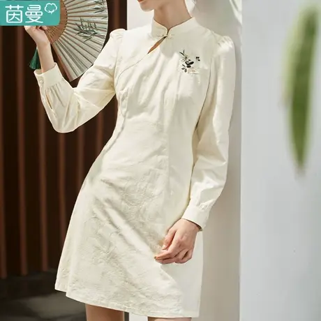 茵曼新中式连衣裙女装2023年秋季新款长袖修身收腰打底裙子纯棉商品大图