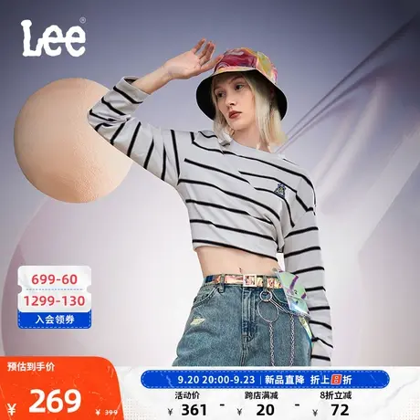 LeeXLINE23秋冬新品舒适白色条纹女短款长袖T恤LWT007332204-K14图片